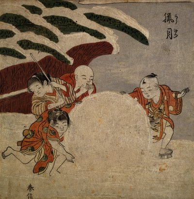 Quatro, meninos, fazer, snowball, c.1768, (color, woodblock, print) de Suzuki Harunobu