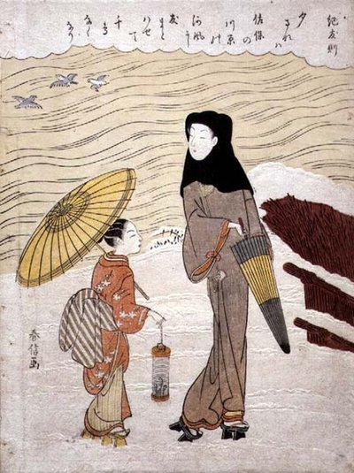 Lady and Maid Walking by a River, c.1767 (estampa de bloco de madeira com estampagem de piscar os olhos) de Suzuki Harunobu