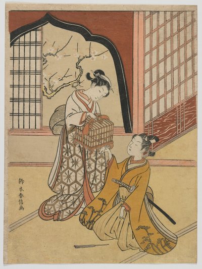 Amantes com uma gaiola de pássaros, período Edo, c.1766-67 (impressão xilogravura colorida) de Suzuki Harunobu