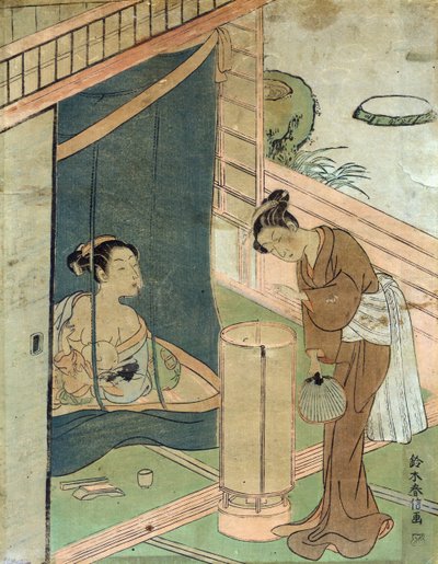 Mãe e filho atrás de mosquiteiros por Harunobu Suzuki, um designer japonês de gravura em xilogravura no estilo Ukiyo-e. de Suzuki Harunobu