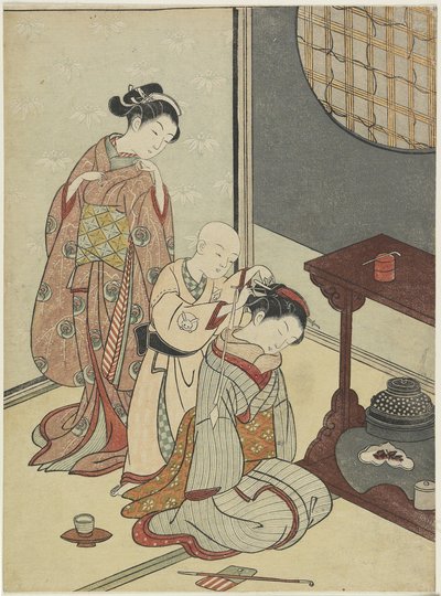 Chuva Noturna no Posto de Chá, após 1766 (impressão em xilogravura a cores) de Suzuki Harunobu