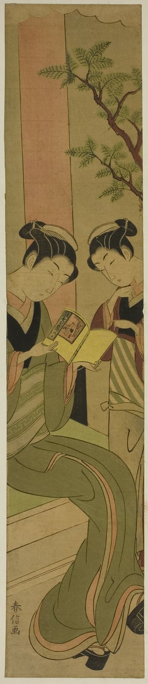 Osen da casa de chá Kagiya e um assistente lendo uma novela de Suzuki Harunobu