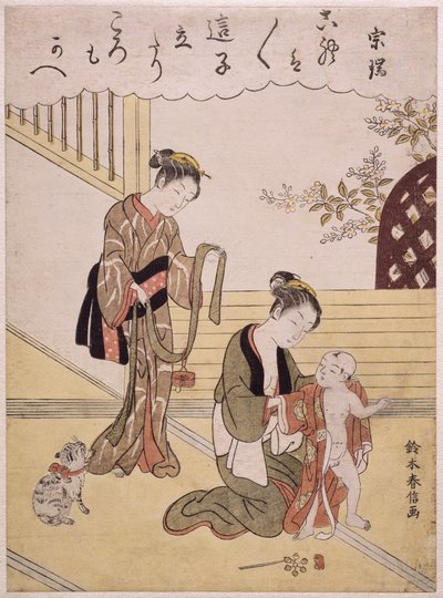 P.312-1941 Uma mãe que veste seu filho pequeno em um quimono (impressão de woodblock de cor) de Suzuki Harunobu