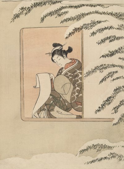 Paródia de Sun Kang, também conhecido como Snow by the Window de Suzuki Harunobu