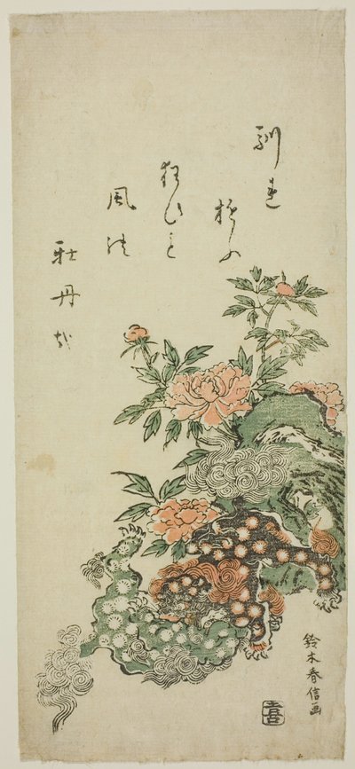 Peônias e leões chineses de Suzuki Harunobu