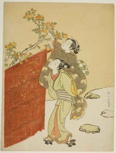 Colhendo caquis de Suzuki Harunobu
