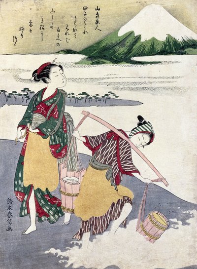 Donzelas de sal na praia de Tago-no-ura com o Monte. Fuji Behind (impressão em xilogravura a cores) de Suzuki Harunobu