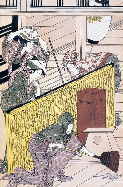 Servant chasing mice in house, ukiyo-e art print by Suzuki Harunobu (1725-1770), woodcut, civilização japonesa, período Edo de Suzuki Harunobu