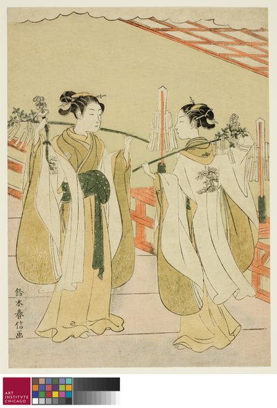 Donami do santuário Onami e Ohatsu dançando no santuário de Yushima Tenjin, c.1769 de Suzuki Harunobu