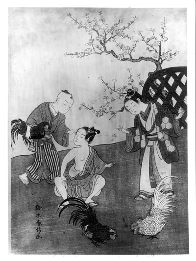 O Cockfight (impressão em xilogravura) de Suzuki Harunobu