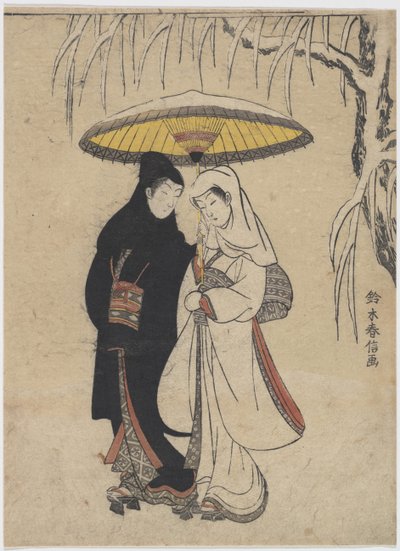 The Oriental Arts : Young Lovers Walking Together under an Umbrella in a Snow Storm par Harunobu, Suzuki (1724-1770), ca. 1769. Lenha colorida, 25,7x19,1. Coleção Particular de Suzuki Harunobu