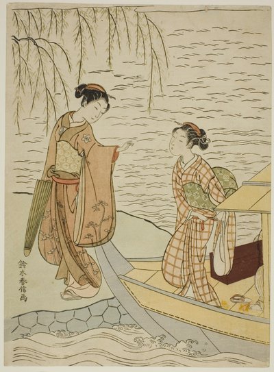 Duas garotas saindo de um barco de Suzuki Harunobu