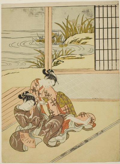 Duas mulheres lutando por um fã de Suzuki Harunobu