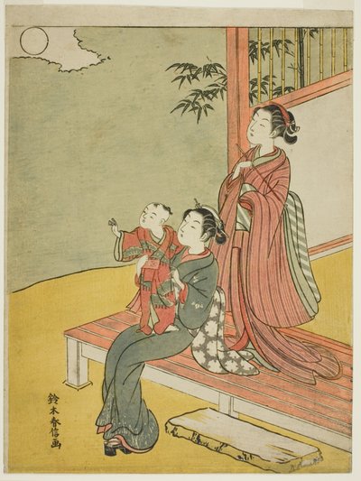 Duas mulheres e uma criança vendo a lua cheia de Suzuki Harunobu
