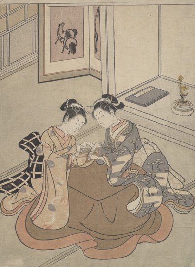 Duas moças sentadas ao lado de um berço de gato brincando de Kotatsu, ca. 1765., c. 1765. de Suzuki Harunobu