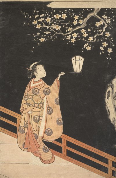 Mulher admirando as flores de ameixa à noite. de Suzuki Harunobu