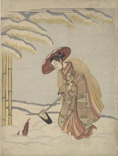 Mulher cavando brotos de bambu na neve, ou paródia de Meng Zong Moso, de Twenty-Fo..., ca. 1765. de Suzuki Harunobu