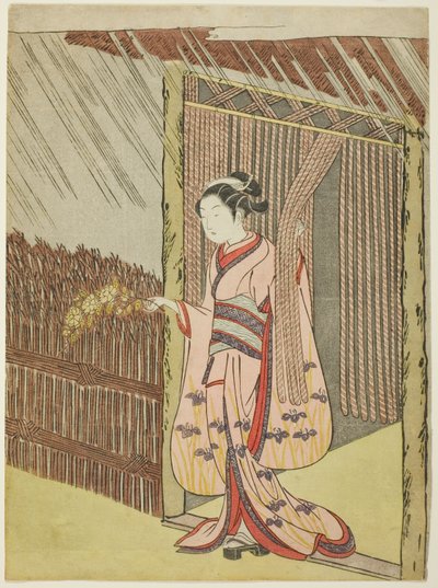 Mulher segurando um ramo de flores Kerria na chuva (paródia de Ota Dokan) de Suzuki Harunobu