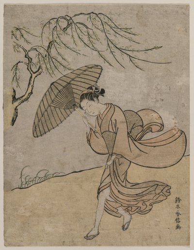 Mulher correndo por um salgueiro em uma brisa de Suzuki Harunobu