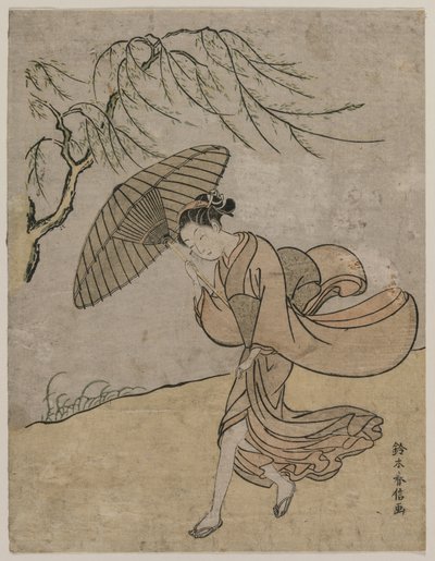 Mulher correndo passado uma árvore de salgueiro em uma brisa, 1766 ou 1767. de Suzuki Harunobu