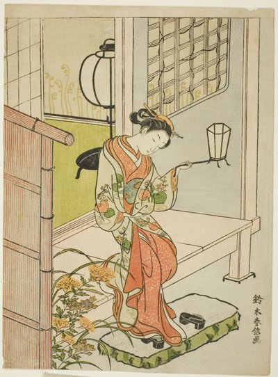 Mulher saindo com uma lanterna de Suzuki Harunobu