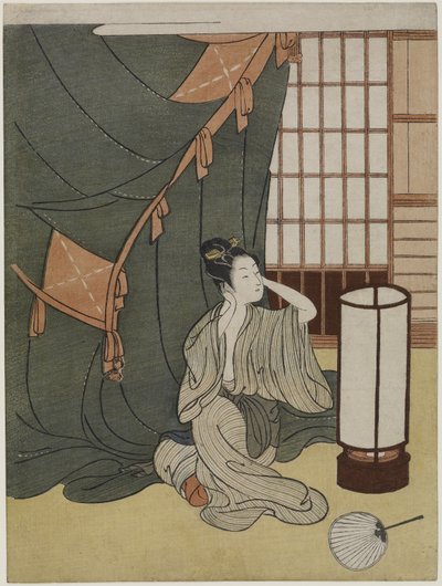 Yong mulher fora de uma rede de mosquito, depois de 1766 de Suzuki Harunobu