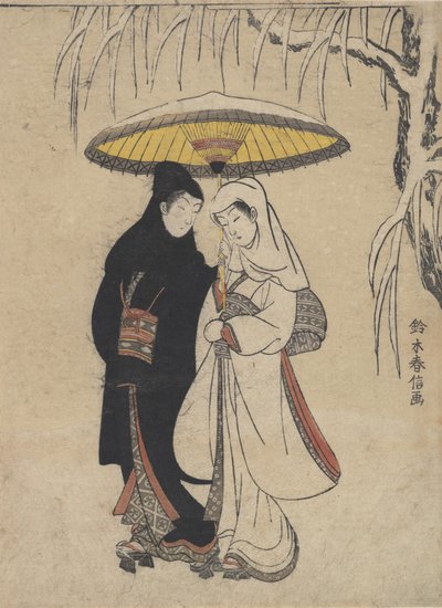 Jovens amantes caminhando juntos sob um guarda-chuva em uma tempestade de neve Corvo e garça, ca. ..., cerca de 1769. de Suzuki Harunobu