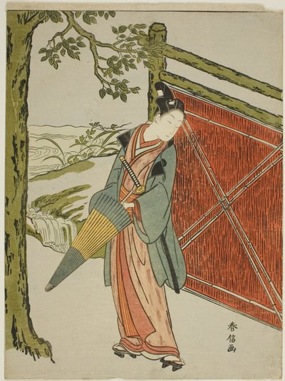Jovem segurando guarda-chuva ao lado de uma cerca de Suzuki Harunobu