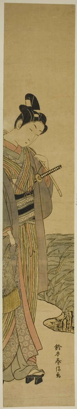 Jovem com vara de pescar e rede de Suzuki Harunobu