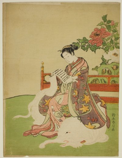 Jovem sentada em um elefante branco (paródia do Bodhisattva Fugen) de Suzuki Harunobu
