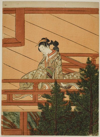Jovem sentada na varanda do Templo Kiyomizu de Suzuki Harunobu