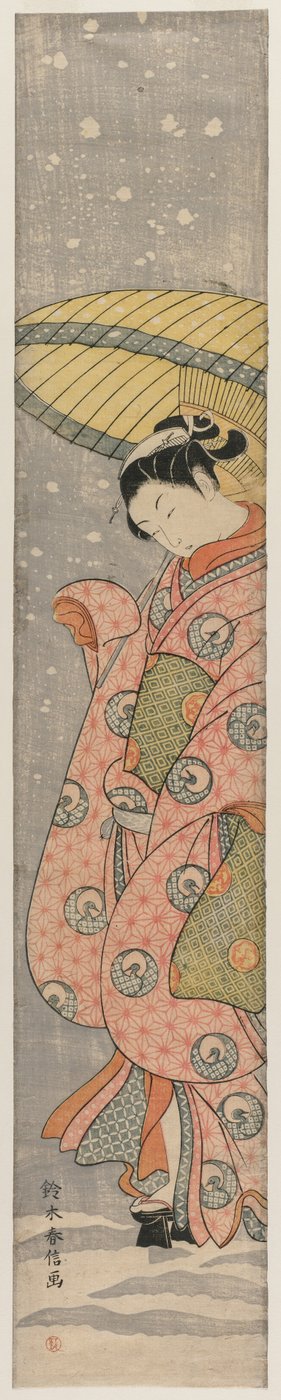 Jovem de pé sob um guarda-chuva na neve, 1767-1768. de Suzuki Harunobu