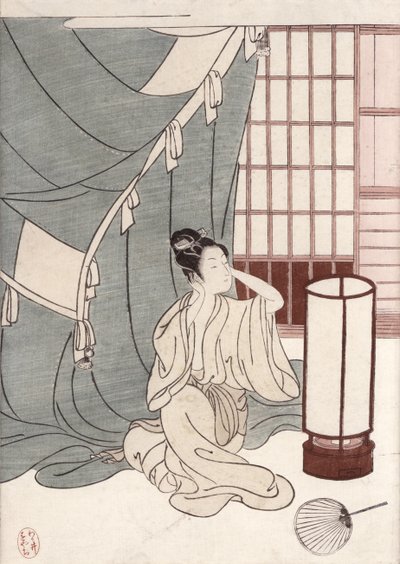 Jovem mulher ajoelhada por sua rede mosquiteira, 1766 (impressão woodblock de cor) de Suzuki Harunobu