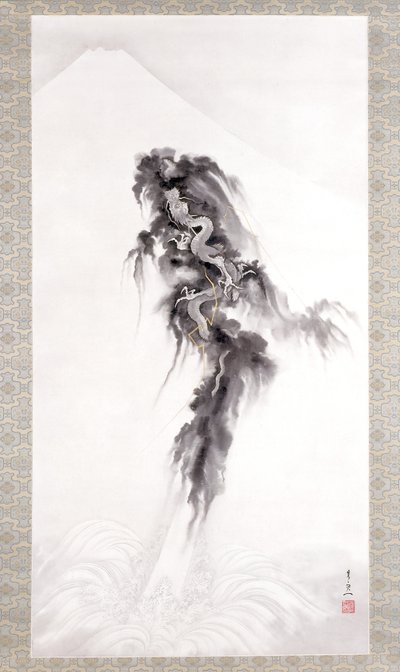 Dragão Ascendente E Monte Fuji (tinta e ouro sobre papel) de Suzuki Kiitsu
