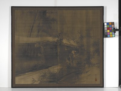 Tanuki sob uma ponte (tinta sobre seda com um pouco de laranja, ouro, e prata) de Suzuki Shōnen