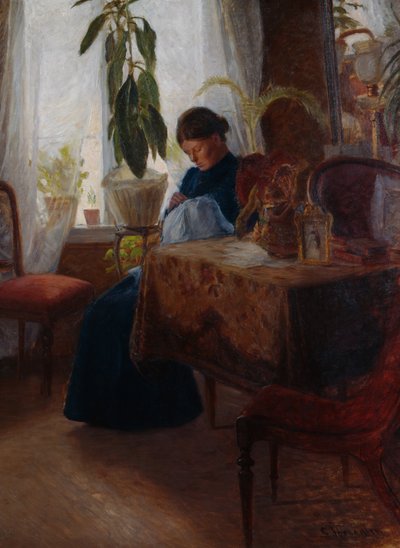 Interior com mulher costurando de Sven Jorgensen