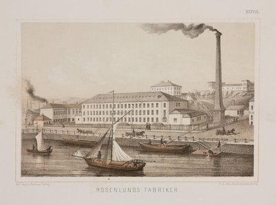 Rosenlunds Fabriker (Fábrica Rosenlunds), Rosenlunds, Estocolmo, Suécia, c.1840 (cor litho) de Swedish School