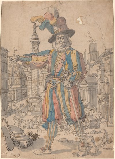 Giovanni Grosso dos guardas suíços em pé diante de uma vista de Roma de Swiss 17th Century after Francesco Villamena