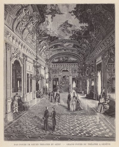 The Foyer of the New Theatre in Geneva, Grand Foyer du Theatre a Geneve (gravura) de Swiss School