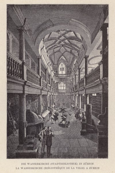 A Igreja da Água, Biblioteca Municipal, em Zurique, La Wasserkirche, Bibliotheque de la Ville, a Zurique (gravura) de Swiss School