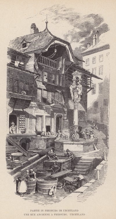 Lote em Friburgo na Uechtland, Une Rue Ancienne a Fribourg, Uechtland (gravura) de Swiss School