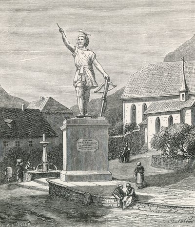 Estátua de Tell em Altorf, perto do local onde ele teria atirado na maçã de seu filho. de Swiss School