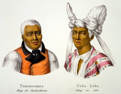 Tammeamea, Rei das Ilhas Sandwich, em trajes europeus com Naba-Leba, Rei do Solor, em adornos de cabeça nativos e vestidos europeus, do Estudo Etnológico de Vários Tipos Raciais de Vários Continentes de Swiss School