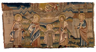 Painel de tapeçaria representando Santa Bárbara, a Virgem Maria, a Santíssima Trindade, São José e Santa Catarina ou Encarnação com as Santas Bárbara e Catarina de Swiss School