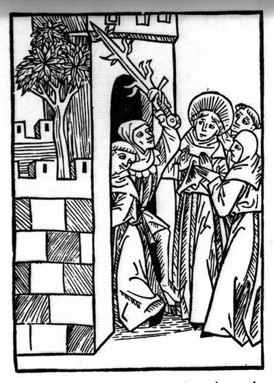 A lenda de Saint Brendan (Brandan), heróis e santo irlandês do século VI. Um dos monges está preso. Gravação de "Die Wunderbare Meerfahrt des Hl. Brandan". Bale de Swiss School