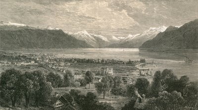 Vevey e a parte superior do lago de Geneve, olhando para o vale do Ródano de Swiss School