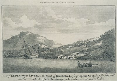 O Capitão Cook, tendo naufragado na sua viagem à volta do mundo, reparou o Endeavour num porto de uma das Ilhas Hope, c.1786 (gravura) de Sydney (after) Parkinson