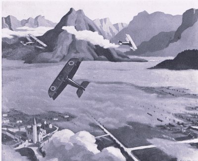 Escoteiros britânicos deixando seu aeródromo em patrulha sobre Asiago Plateau, na Itália, da British Adventure, publicado por Collins, 1947 de Sydney Carline