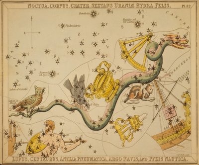 Noctua, Corvus, Crater, Sextans of Urania, Hydra, Felis, Lupus, Centaurus, Antlia Pneumatica, Argo Ship e Pyxis Nautica, Ilustração de 