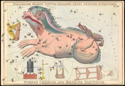 Psalterium Georgii, Fluvius Eridanus, Cetus, Officina Sculptories, Fornax Chemica e Machina Electrica, c.1825 (cartão, papel, tecido) de Sydney Hall